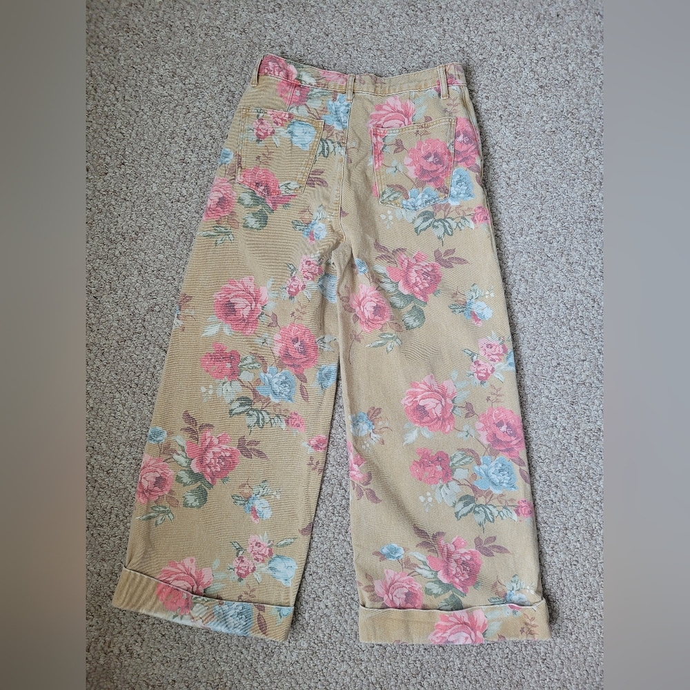 Anthropologie High-Rise Wide Leg Floral Jeans — Tan with Pink & Blue Flowers - Picture 5 of 10